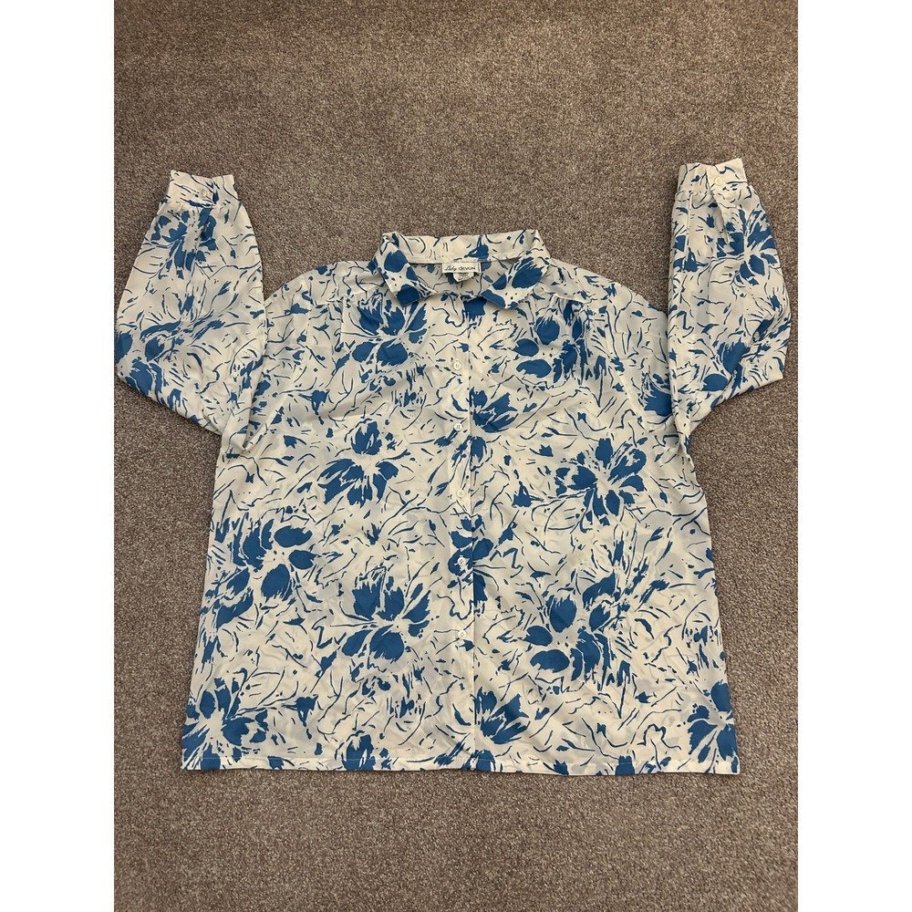 Lady Devon Floral Blouse Womens 20W Blue White Excellent Vintage Button Up USA